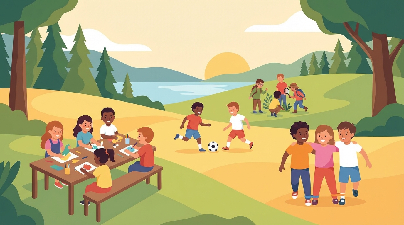 Illustration d'enfants en activités de camp de jour