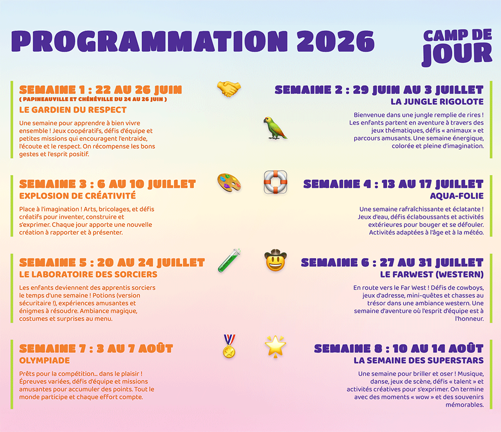 Programmation 2026 des camps de jour